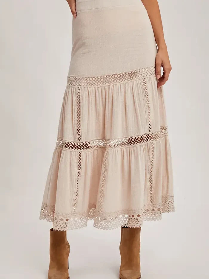Women's Western Bohemian Crochet Midi Skirt in Oatmeal