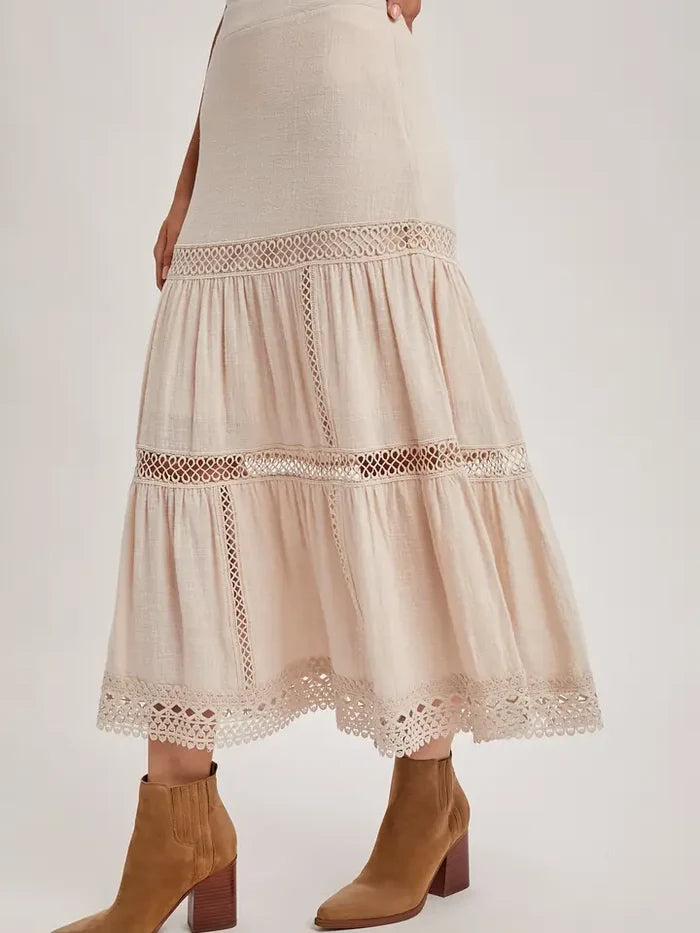 Women's Western Bohemian Crochet Midi Skirt in Oatmeal