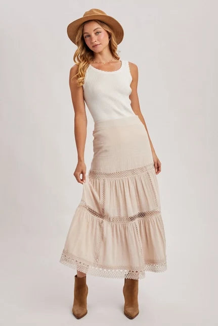 Women's Western Bohemian Crochet Midi Skirt in Oatmeal