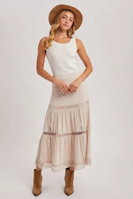 Women's Western Bohemian Crochet Midi Skirt in Oatmeal