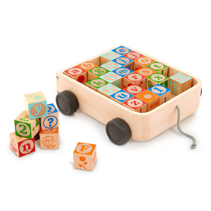 Wooden blocks in a wagon, learning toys for toddlers and kids.