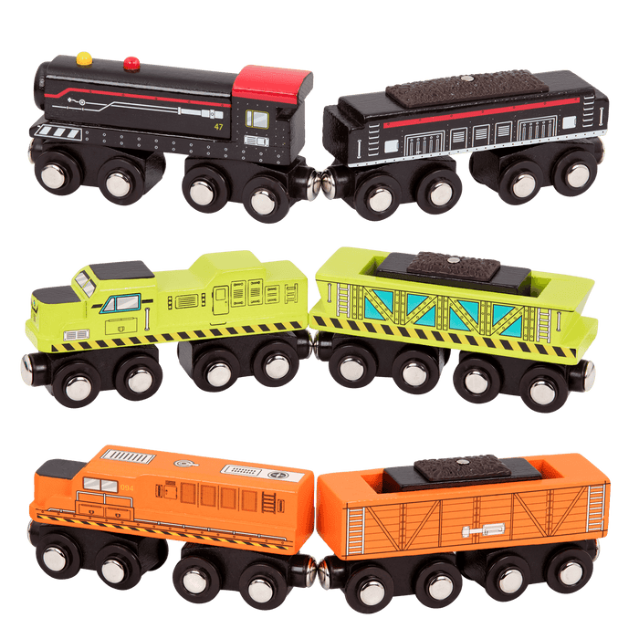 Wooden toy trains.