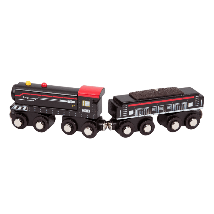 Wooden toy trains.