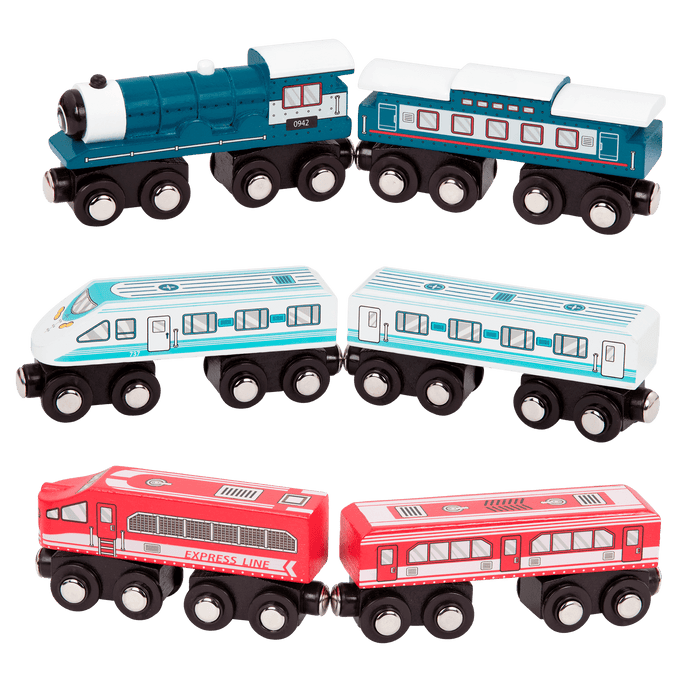 Wooden toy trains.