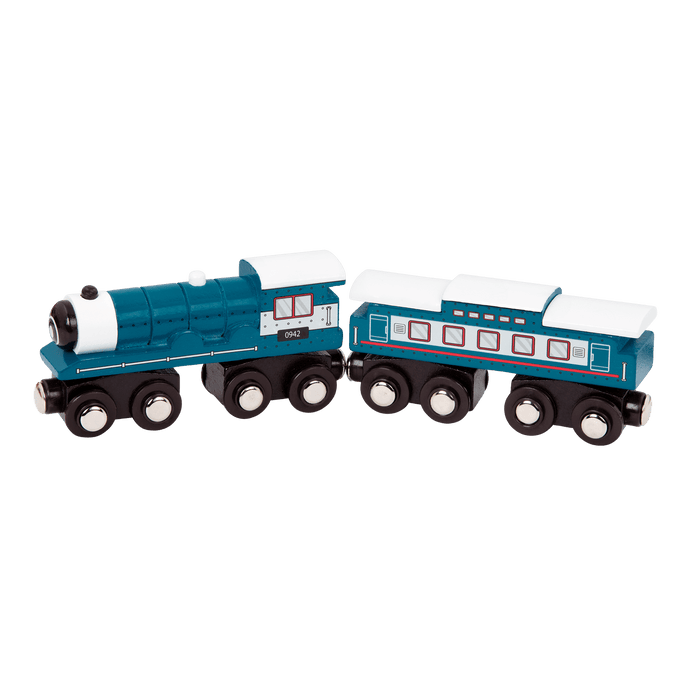 Wooden toy trains.