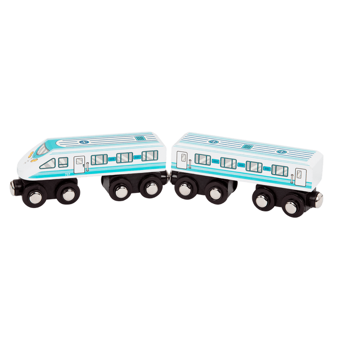 Wooden toy trains.