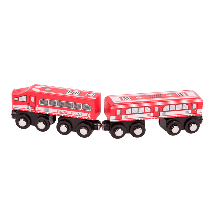 Wooden toy trains.