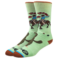 Light green socks with horse and rider design on a white background