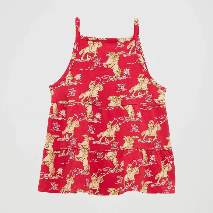 Wrangler Girl's Cowgirl Tiered Knit Tank Top in Red Horse