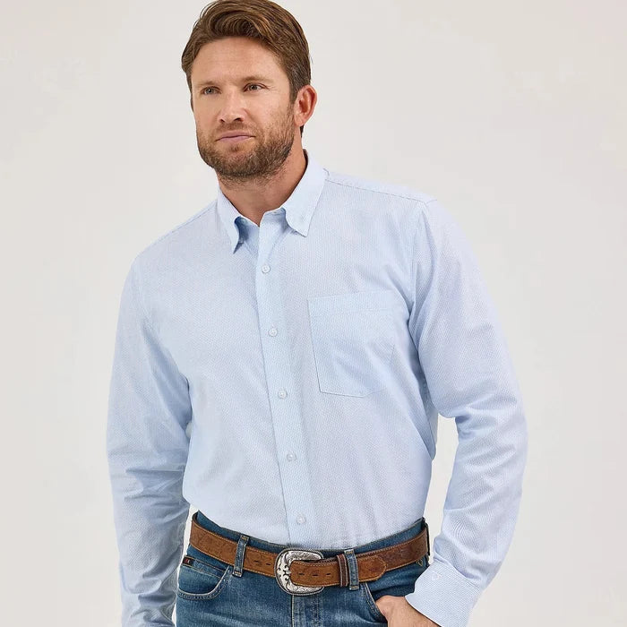 Wrangler Men's L/S Cody Johnson One Pocket Striped Button Down Shirt in Blue