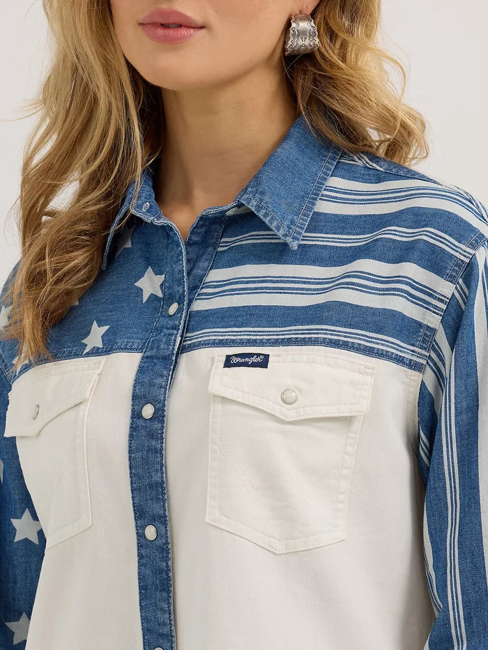 Wrangler Retro Women's Boyfriend Pieced Denim Western Snap Shirt in Stars N Stripes