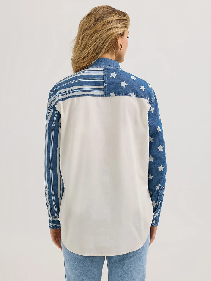 Wrangler Retro Women's Boyfriend Pieced Denim Western Snap Shirt in Stars N Stripes