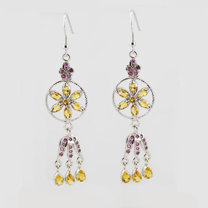 Yellow Earrings Honey Citrine 925 Sterling Silver Daisy Dangle Earring - Kashmir Designs