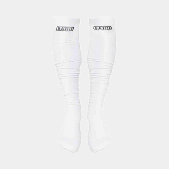 Front view of the Battle Youth White Long Football Socks.