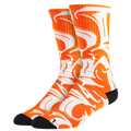 Orange and white socks with black toes on a white background